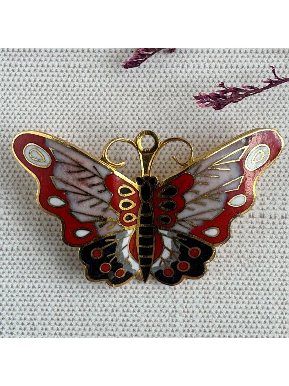 Vintage 1970s Red Black White Enamelled Brass Butterfly Brooch & Pendant 2" X 1.